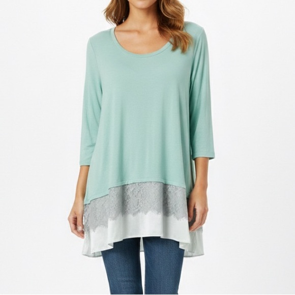 LOGO by Lori Goldstein Tops - LOGO by Lori Goldstein Mint Women’s Tunic Top w/Satin & Lace Hem - Large Petite